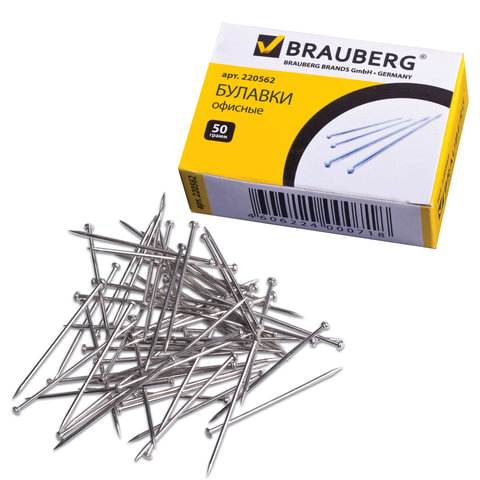 Булавки офисные BRAUBERG 24 мм 500 шт, в карт. коробке